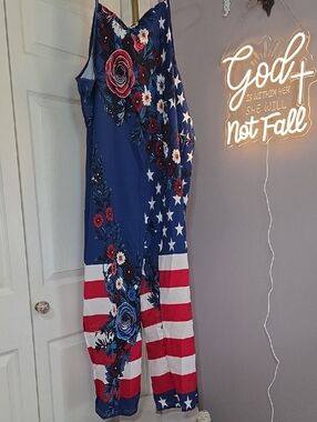 Floral Lightweoght Flowy American Flag Patriotic Jumpsuit Wide Leg XXL
